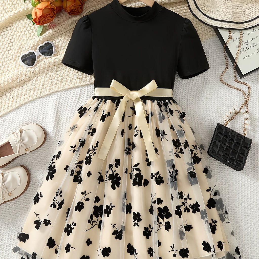 Elegant Summer A-Line Knitted Dress with Floral Pattern, Crew Neck, Short Sleeve, Midi Length, Fit and Flare Silhouette, No Belt, Contrast Lace Details