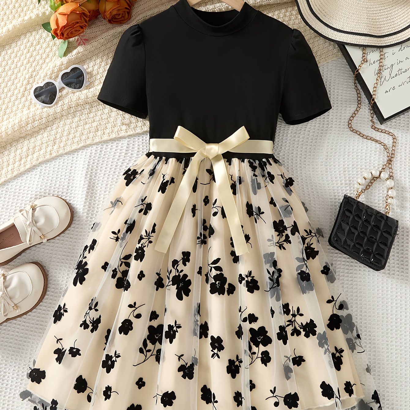 Elegant Summer A-Line Knitted Dress with Floral Pattern, Crew Neck, Short Sleeve, Midi Length, Fit and Flare Silhouette, No Belt, Contrast Lace Details