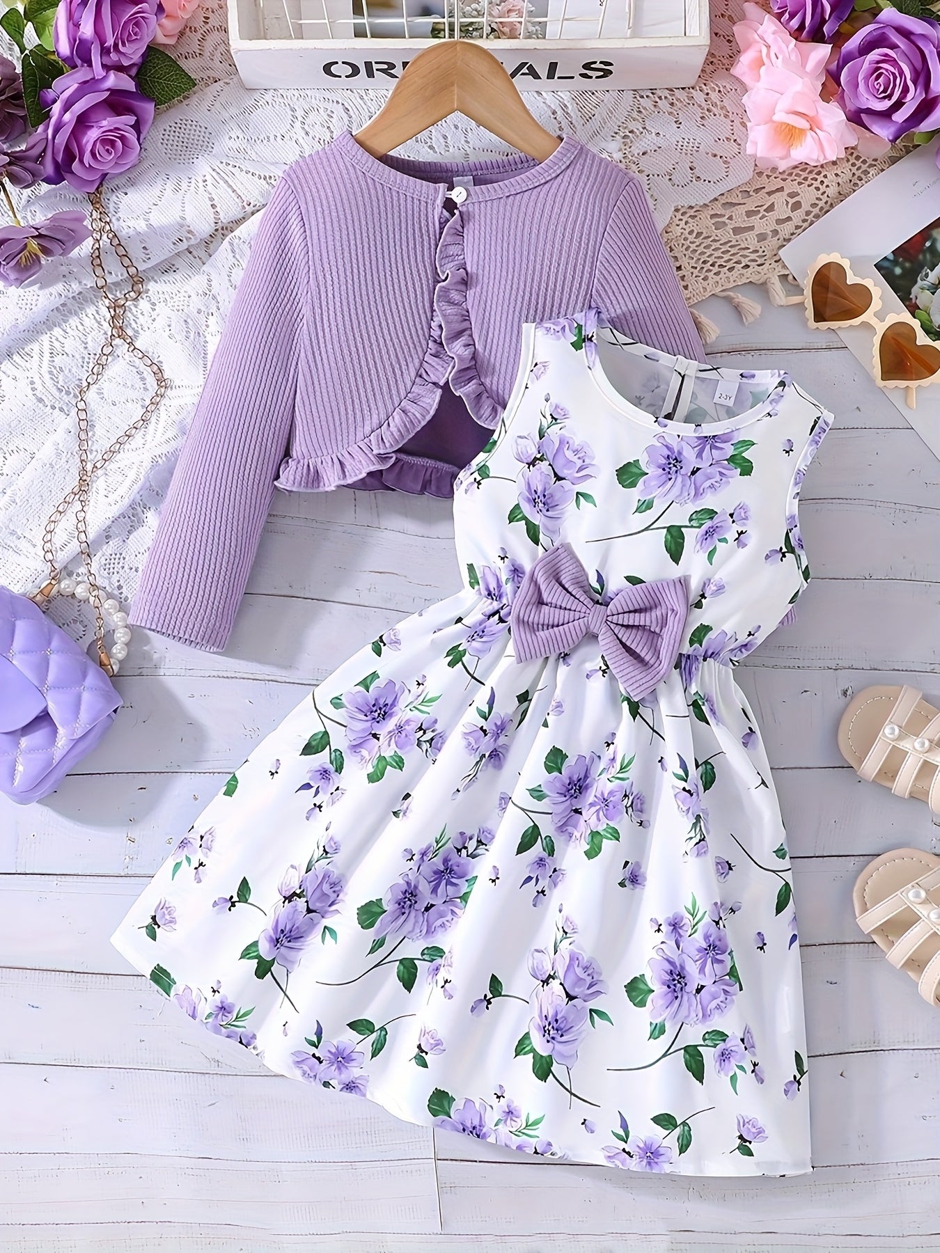 2pcs Set Girls' Elegant Floral Print Bow Decorative Sleeveless Round Neck Dress + Solid Color Pleated Jacket Set, Perfect Choice for Spring, Summer, Autumn, Perfect for Gifts, Festive Parties, for Outdoor