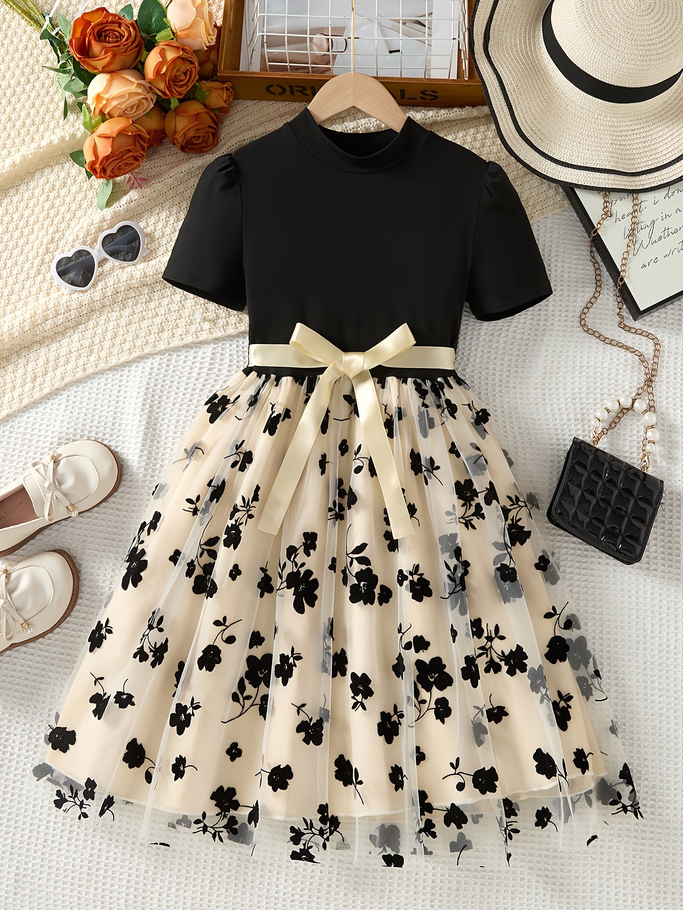 Elegant Summer A-Line Knitted Dress with Floral Pattern, Crew Neck, Short Sleeve, Midi Length, Fit and Flare Silhouette, No Belt, Contrast Lace Details