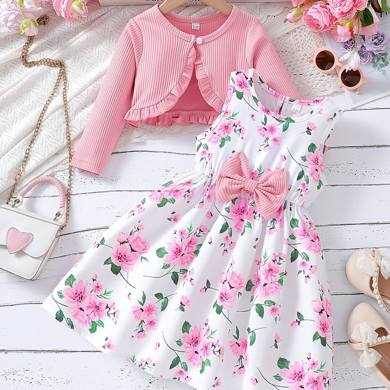 2pcs Set Girls' Elegant Floral Print Bow Decorative Sleeveless Round Neck Dress + Solid Color Pleated Jacket Set, Perfect Choice for Spring, Summer, Autumn, Perfect for Gifts, Festive Parties, for Outdoor