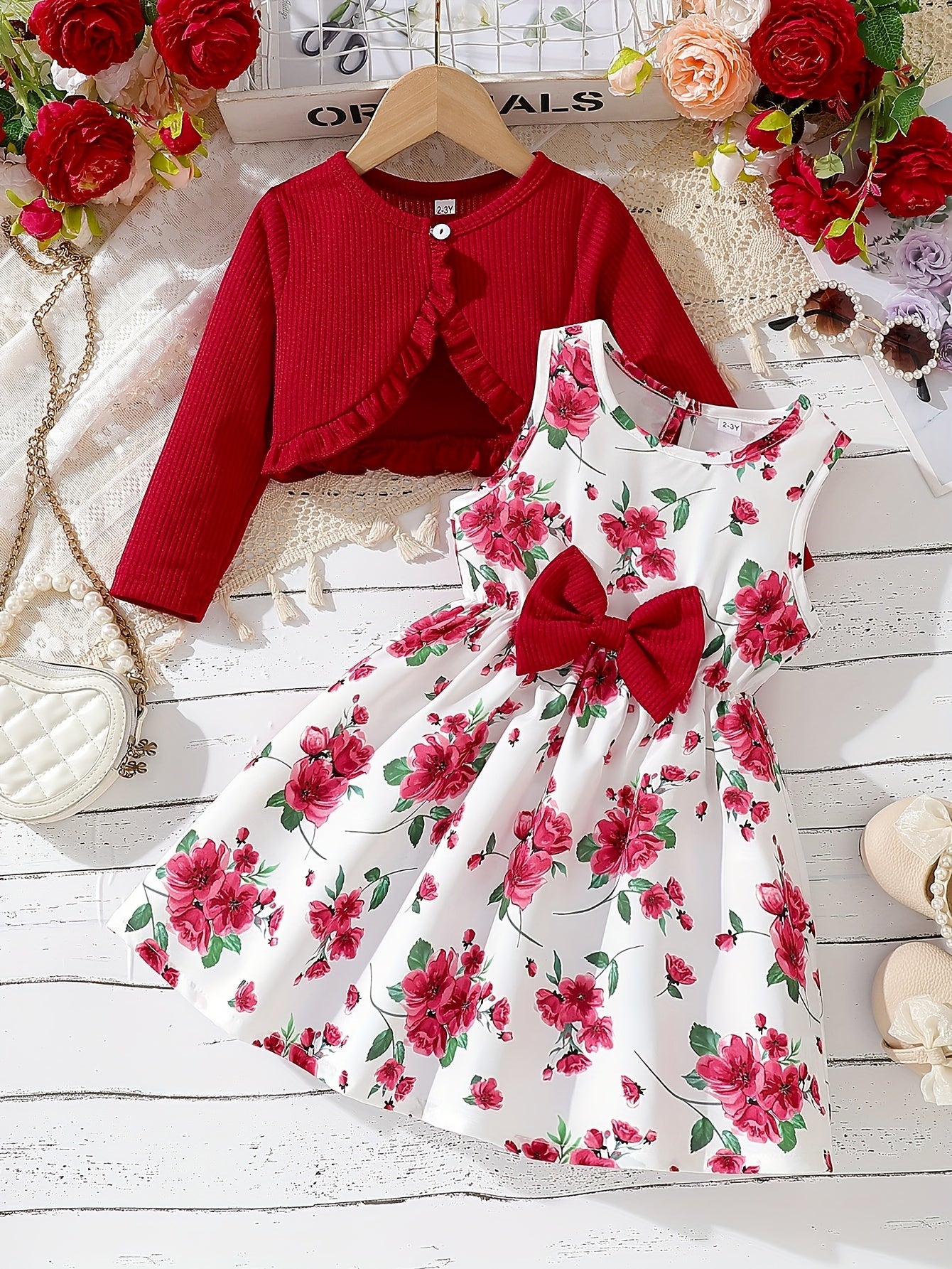 2pcs Set Girls' Elegant Floral Print Bow Decorative Sleeveless Round Neck Dress + Solid Color Pleated Jacket Set, Perfect Choice for Spring, Summer, Autumn, Perfect for Gifts, Festive Parties, for Outdoor