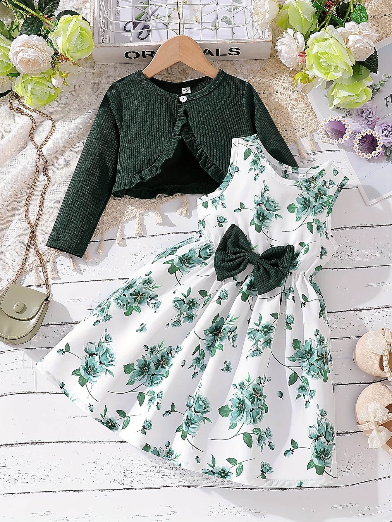 2pcs Set Girls' Elegant Floral Print Bow Decorative Sleeveless Round Neck Dress + Solid Color Pleated Jacket Set, Perfect Choice for Spring, Summer, Autumn, Perfect for Gifts, Festive Parties, for Outdoor