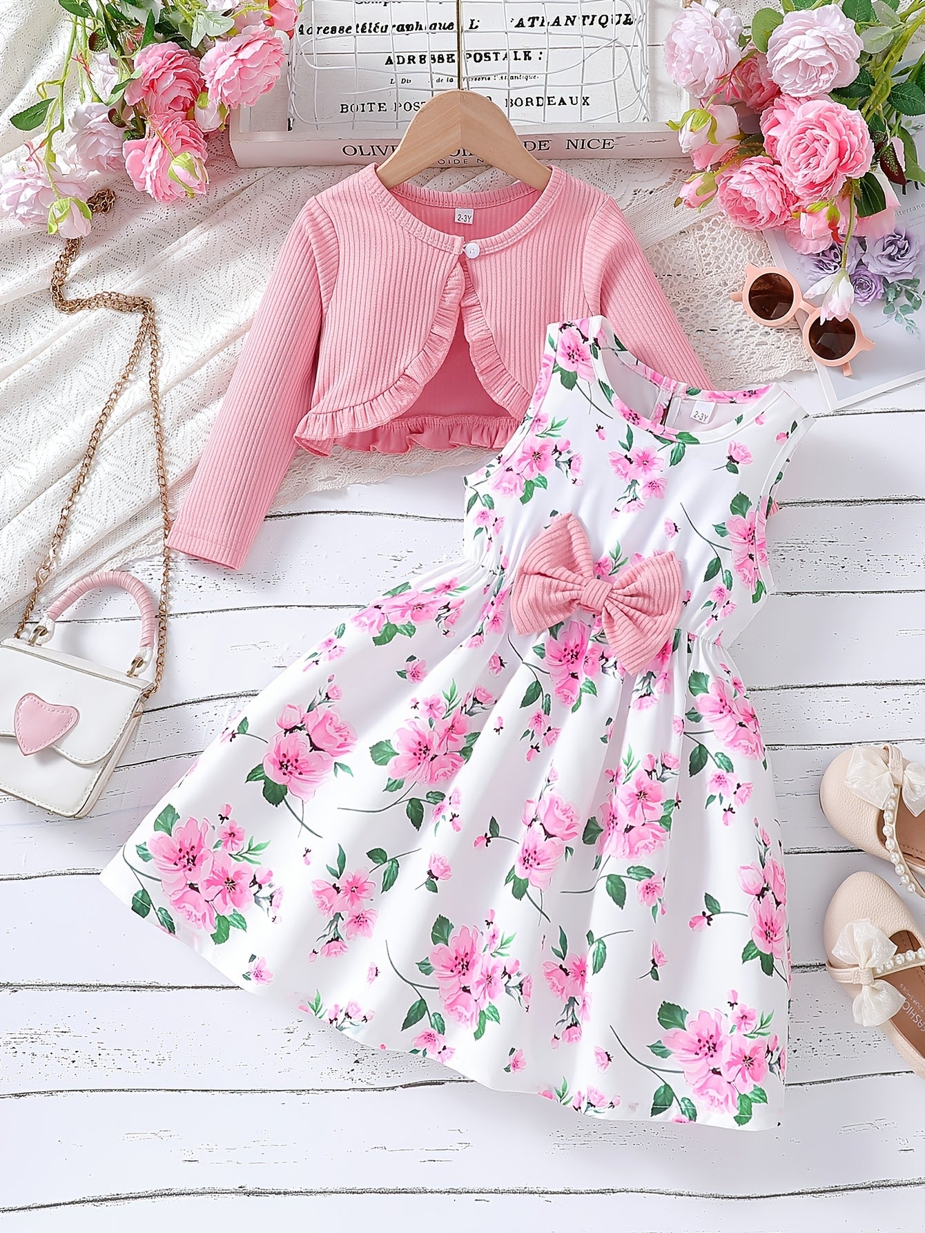 2pcs Set Girls' Elegant Floral Print Bow Decorative Sleeveless Round Neck Dress + Solid Color Pleated Jacket Set, Perfect Choice for Spring, Summer, Autumn, Perfect for Gifts, Festive Parties, for Outdoor