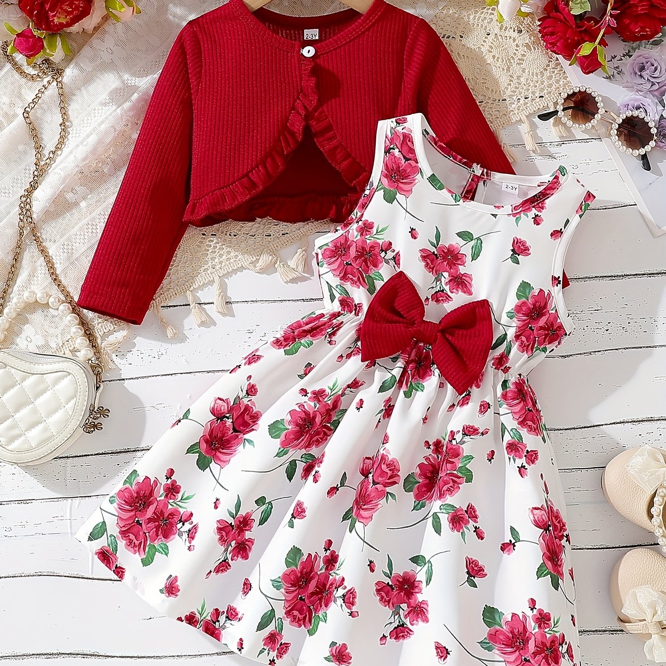 2pcs Set Girls' Elegant Floral Print Bow Decorative Sleeveless Round Neck Dress + Solid Color Pleated Jacket Set, Perfect Choice for Spring, Summer, Autumn, Perfect for Gifts, Festive Parties, for Outdoor