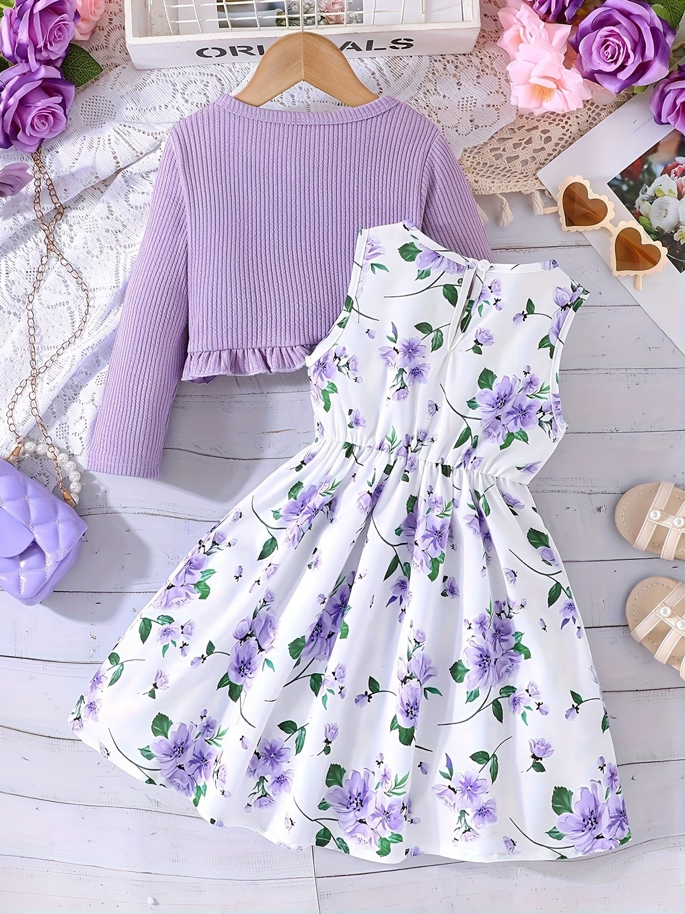 2pcs Set Girls' Elegant Floral Print Bow Decorative Sleeveless Round Neck Dress + Solid Color Pleated Jacket Set, Perfect Choice for Spring, Summer, Autumn, Perfect for Gifts, Festive Parties, for Outdoor
