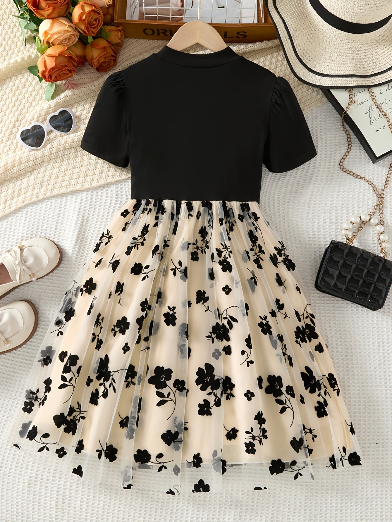 Elegant Summer A-Line Knitted Dress with Floral Pattern, Crew Neck, Short Sleeve, Midi Length, Fit and Flare Silhouette, No Belt, Contrast Lace Details