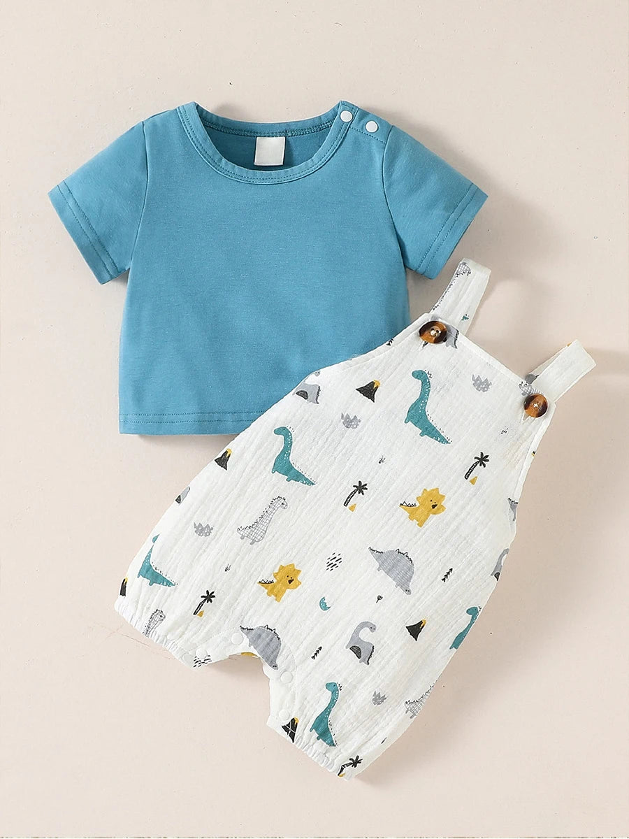 2pc Baby Boys Summer Short Sleeve T-Shirt And Suspenders Animal Suit For Daily Fashion