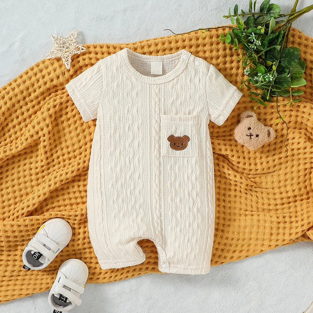 Baby Summer Unisex  Short Sleeve Solid With Pocket Preppy Style Casual Jumpsuit Bodysuit