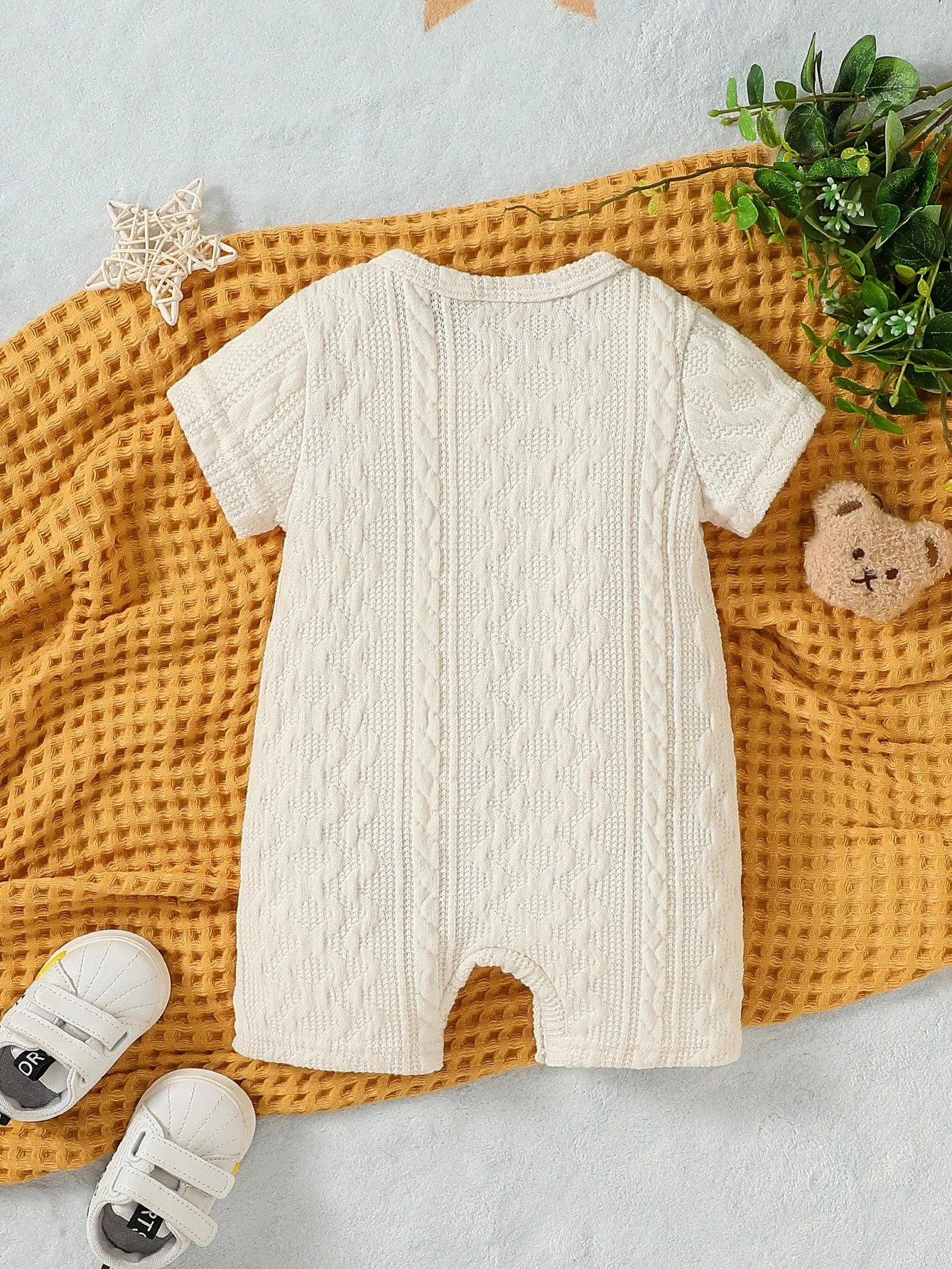 Baby Summer Unisex  Short Sleeve Solid With Pocket Preppy Style Casual Jumpsuit Bodysuit