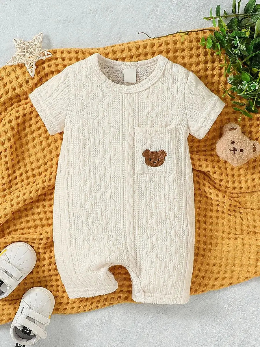Baby Summer Unisex  Short Sleeve Solid With Pocket Preppy Style Casual Jumpsuit Bodysuit