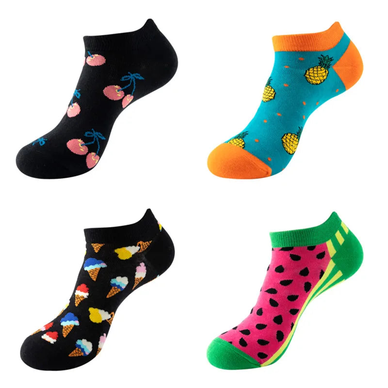 4 Pairs New Fashion Harajuku Fruit avocado Funny Cotton Happy Invisible Summer Boat Socks Women Men Short low Cute fun love Sock