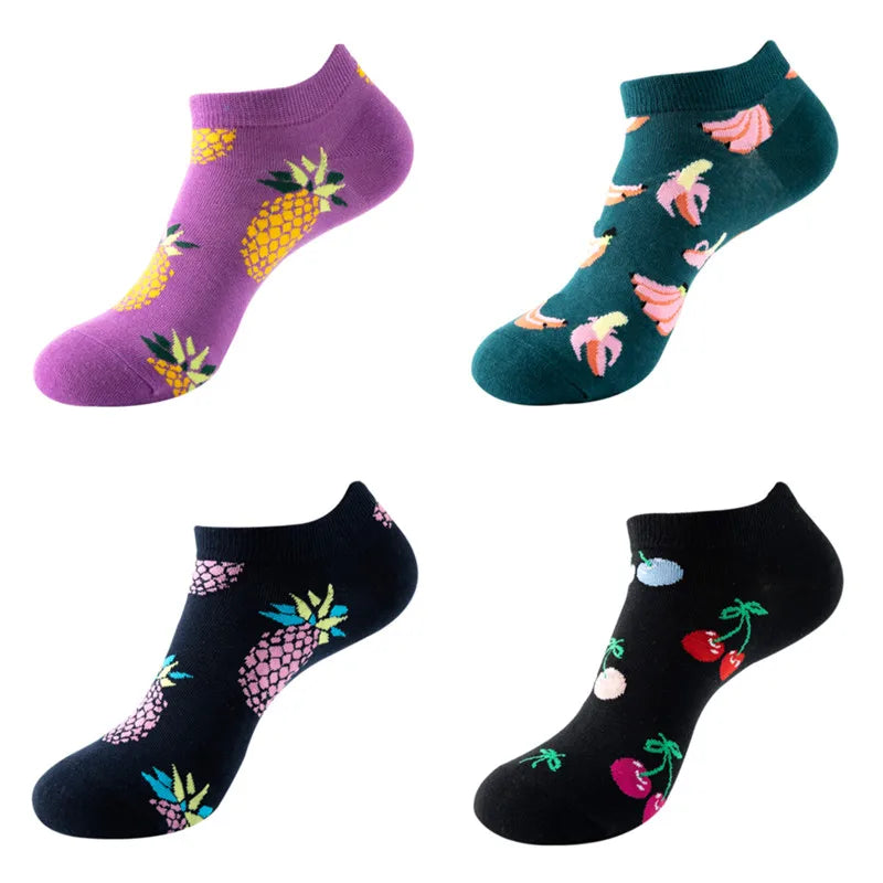 4 Pairs New Fashion Harajuku Fruit avocado Funny Cotton Happy Invisible Summer Boat Socks Women Men Short low Cute fun love Sock