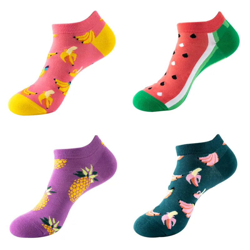 4 Pairs New Fashion Harajuku Fruit avocado Funny Cotton Happy Invisible Summer Boat Socks Women Men Short low Cute fun love Sock