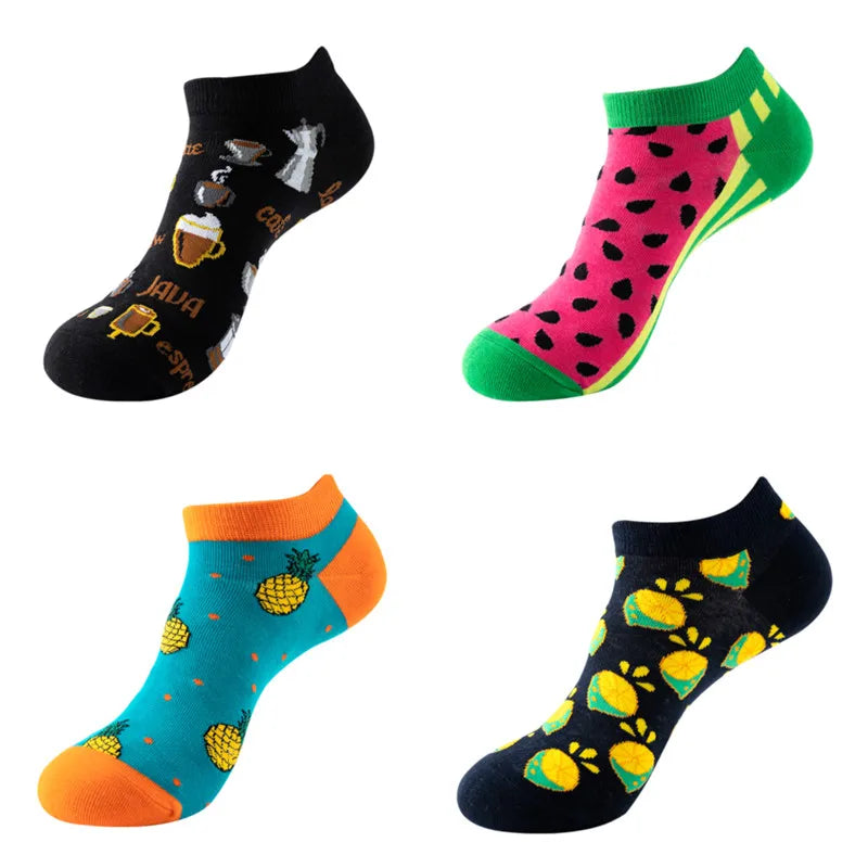 4 Pairs New Fashion Harajuku Fruit avocado Funny Cotton Happy Invisible Summer Boat Socks Women Men Short low Cute fun love Sock