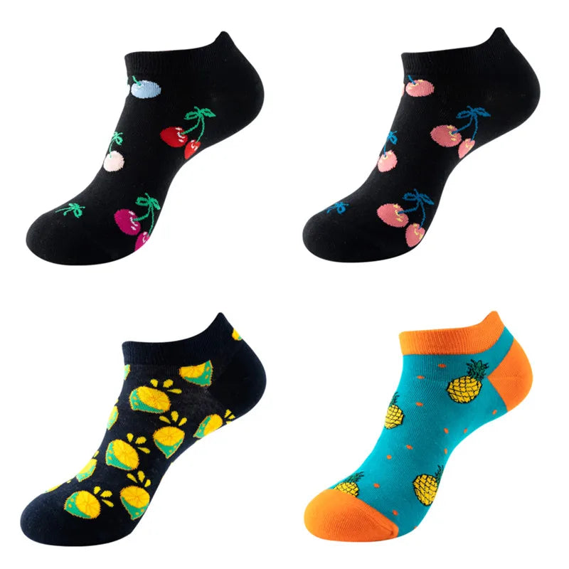 4 Pairs New Fashion Harajuku Fruit avocado Funny Cotton Happy Invisible Summer Boat Socks Women Men Short low Cute fun love Sock