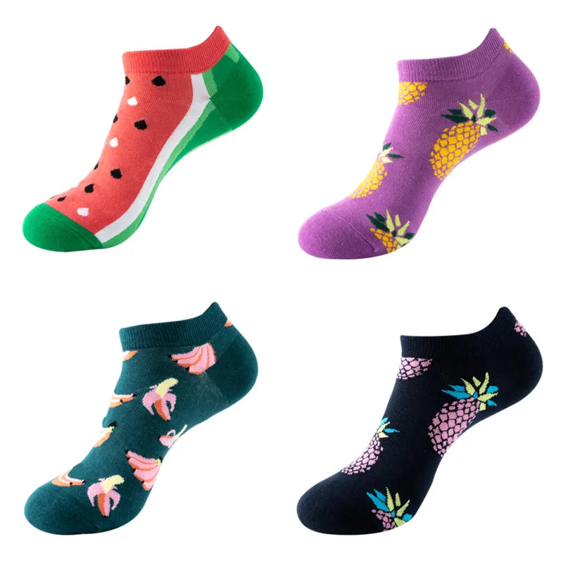 4 Pairs New Fashion Harajuku Fruit avocado Funny Cotton Happy Invisible Summer Boat Socks Women Men Short low Cute fun love Sock
