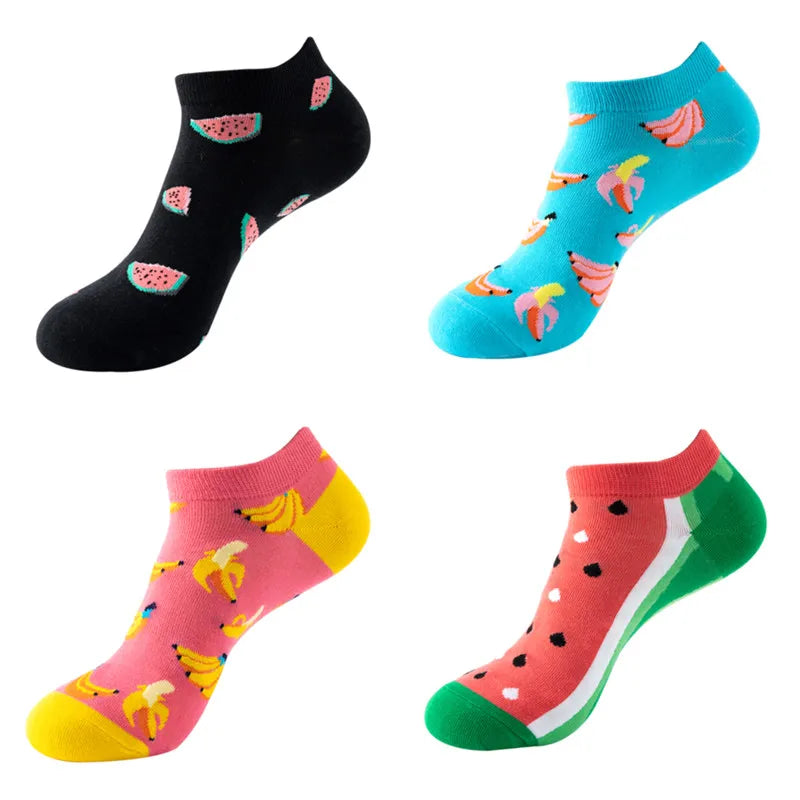 4 Pairs New Fashion Harajuku Fruit avocado Funny Cotton Happy Invisible Summer Boat Socks Women Men Short low Cute fun love Sock