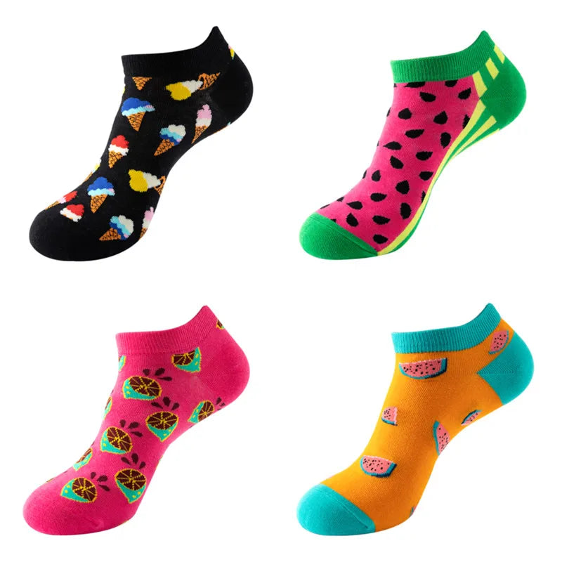 4 Pairs New Fashion Harajuku Fruit avocado Funny Cotton Happy Invisible Summer Boat Socks Women Men Short low Cute fun love Sock