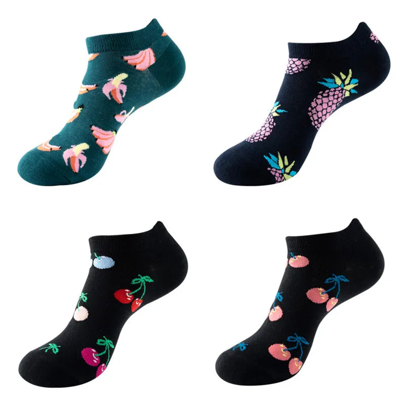 4 Pairs New Fashion Harajuku Fruit avocado Funny Cotton Happy Invisible Summer Boat Socks Women Men Short low Cute fun love Sock