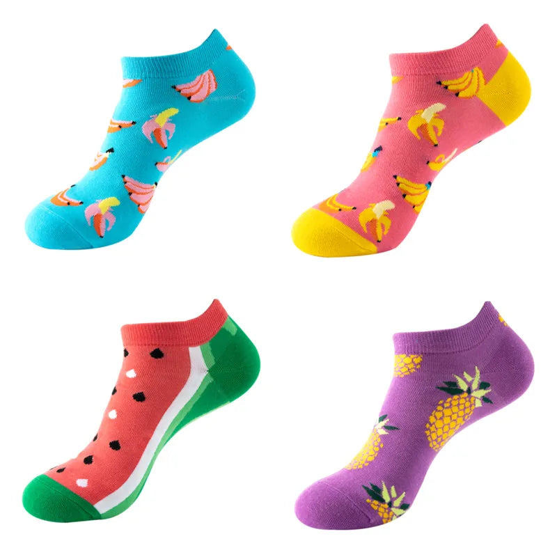 4 Pairs New Fashion Harajuku Fruit avocado Funny Cotton Happy Invisible Summer Boat Socks Women Men Short low Cute fun love Sock