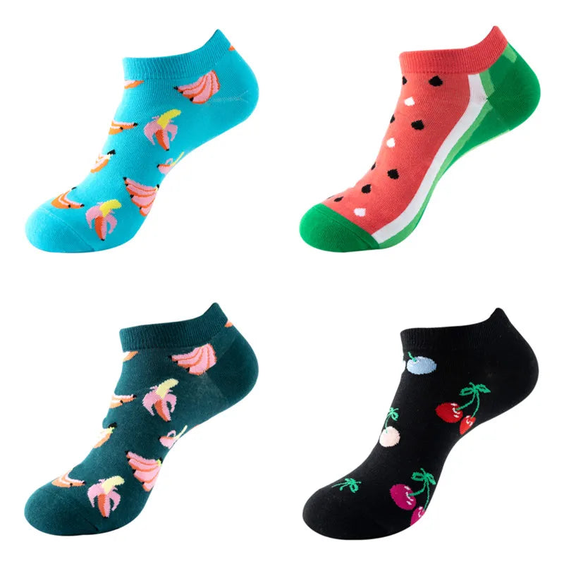 4 Pairs New Fashion Harajuku Fruit avocado Funny Cotton Happy Invisible Summer Boat Socks Women Men Short low Cute fun love Sock