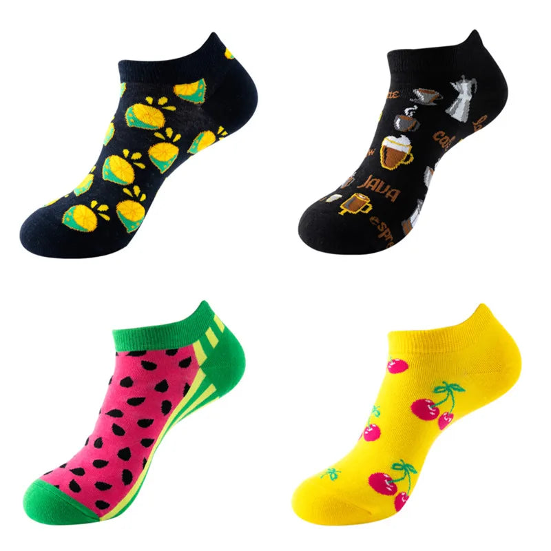 4 Pairs New Fashion Harajuku Fruit avocado Funny Cotton Happy Invisible Summer Boat Socks Women Men Short low Cute fun love Sock