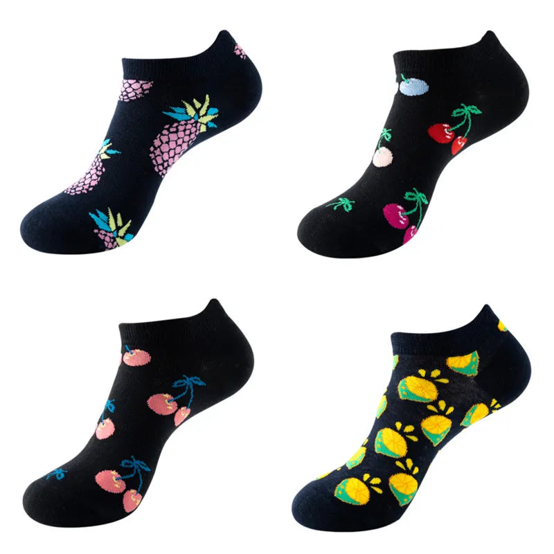 4 Pairs New Fashion Harajuku Fruit avocado Funny Cotton Happy Invisible Summer Boat Socks Women Men Short low Cute fun love Sock