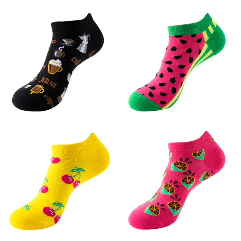 4 Pairs New Fashion Harajuku Fruit avocado Funny Cotton Happy Invisible Summer Boat Socks Women Men Short low Cute fun love Sock