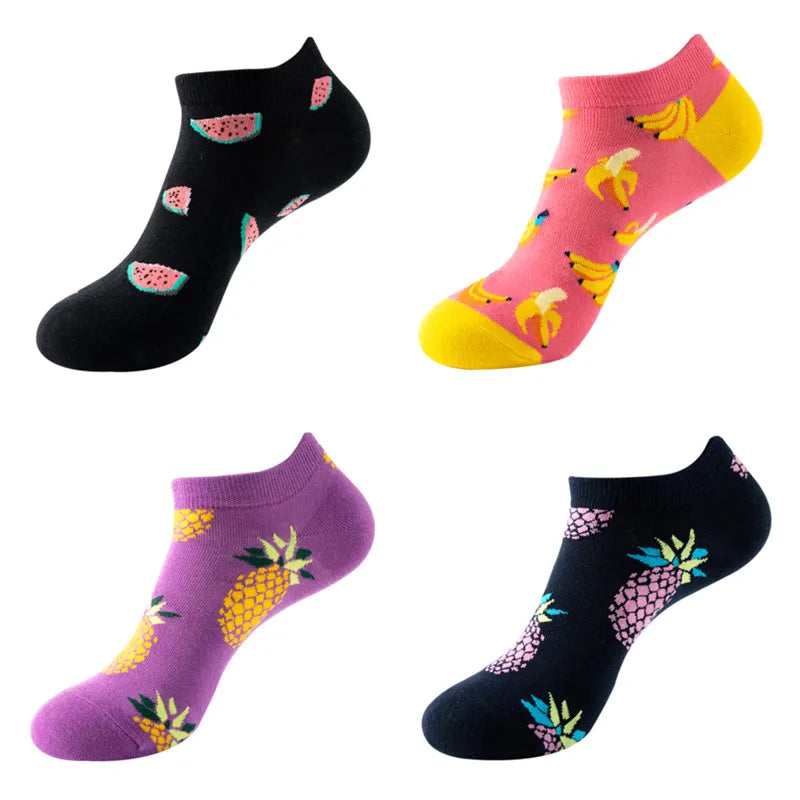 4 Pairs New Fashion Harajuku Fruit avocado Funny Cotton Happy Invisible Summer Boat Socks Women Men Short low Cute fun love Sock