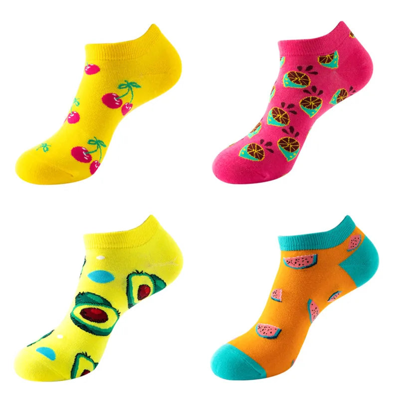 4 Pairs New Fashion Harajuku Fruit avocado Funny Cotton Happy Invisible Summer Boat Socks Women Men Short low Cute fun love Sock