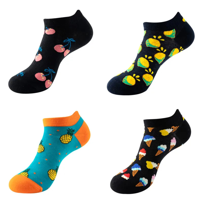 4 Pairs New Fashion Harajuku Fruit avocado Funny Cotton Happy Invisible Summer Boat Socks Women Men Short low Cute fun love Sock