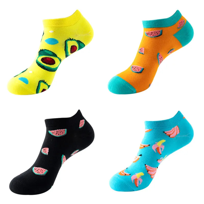 4 Pairs New Fashion Harajuku Fruit avocado Funny Cotton Happy Invisible Summer Boat Socks Women Men Short low Cute fun love Sock