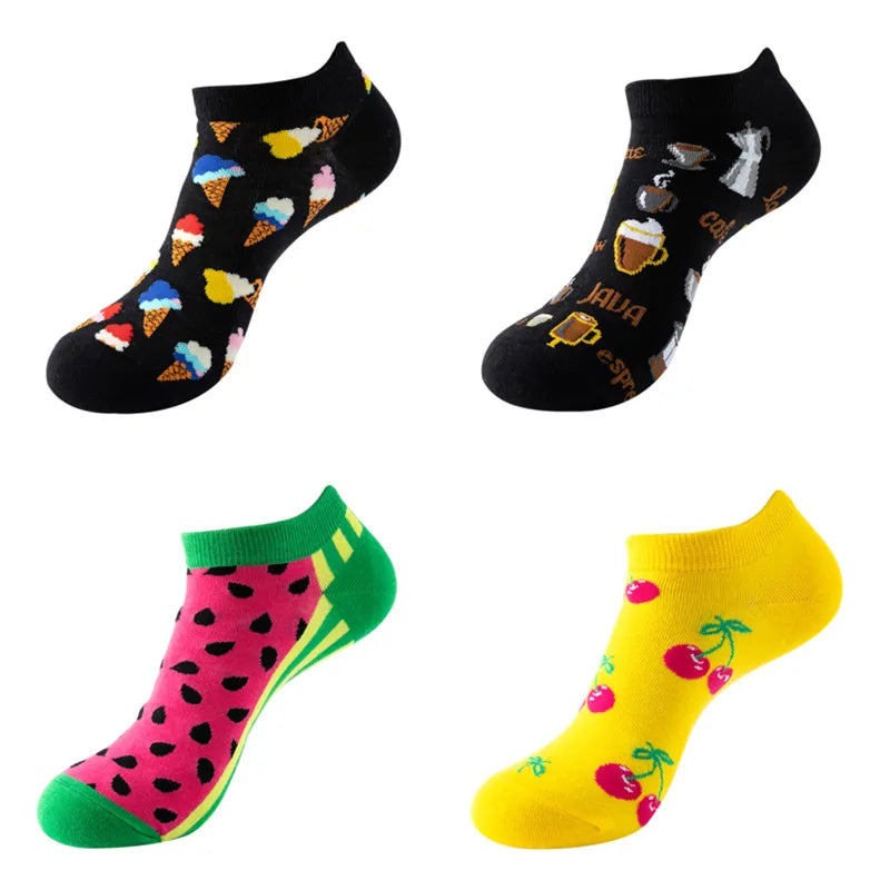 4 Pairs New Fashion Harajuku Fruit avocado Funny Cotton Happy Invisible Summer Boat Socks Women Men Short low Cute fun love Sock