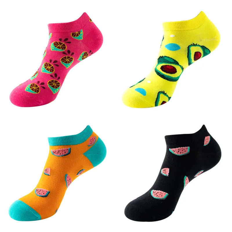 4 Pairs New Fashion Harajuku Fruit avocado Funny Cotton Happy Invisible Summer Boat Socks Women Men Short low Cute fun love Sock