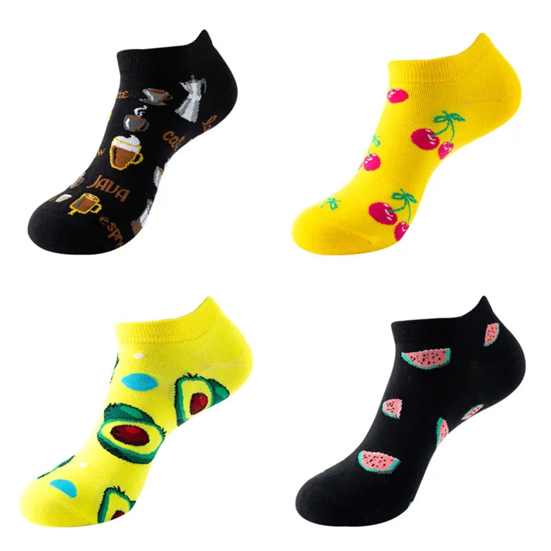 4 Pairs New Fashion Harajuku Fruit avocado Funny Cotton Happy Invisible Summer Boat Socks Women Men Short low Cute fun love Sock