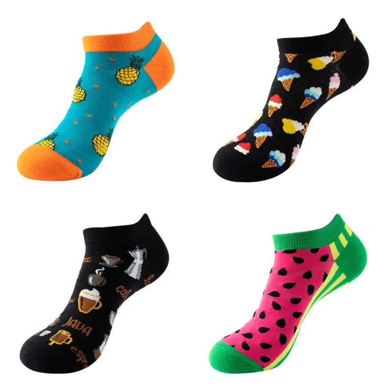 4 Pairs New Fashion Harajuku Fruit avocado Funny Cotton Happy Invisible Summer Boat Socks Women Men Short low Cute fun love Sock