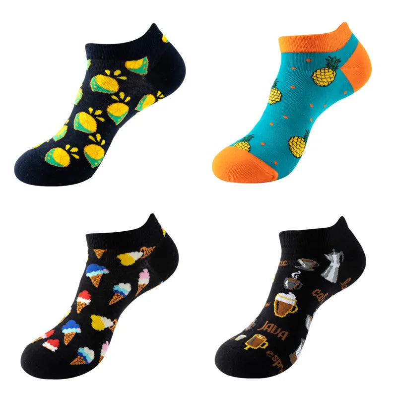 4 Pairs New Fashion Harajuku Fruit avocado Funny Cotton Happy Invisible Summer Boat Socks Women Men Short low Cute fun love Sock