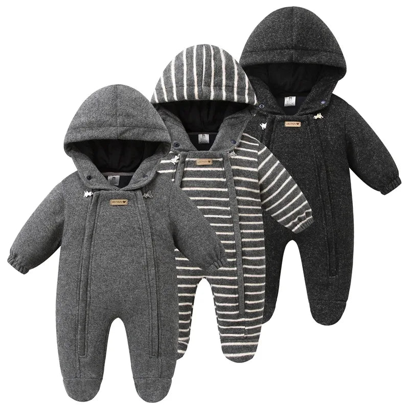 Newborn Baby Autumn Winter Thicken Warm Woolen Rompers Toddler Cute Hooded Zipper One-piece Bodysuit Outfits Infant Jumpsuit