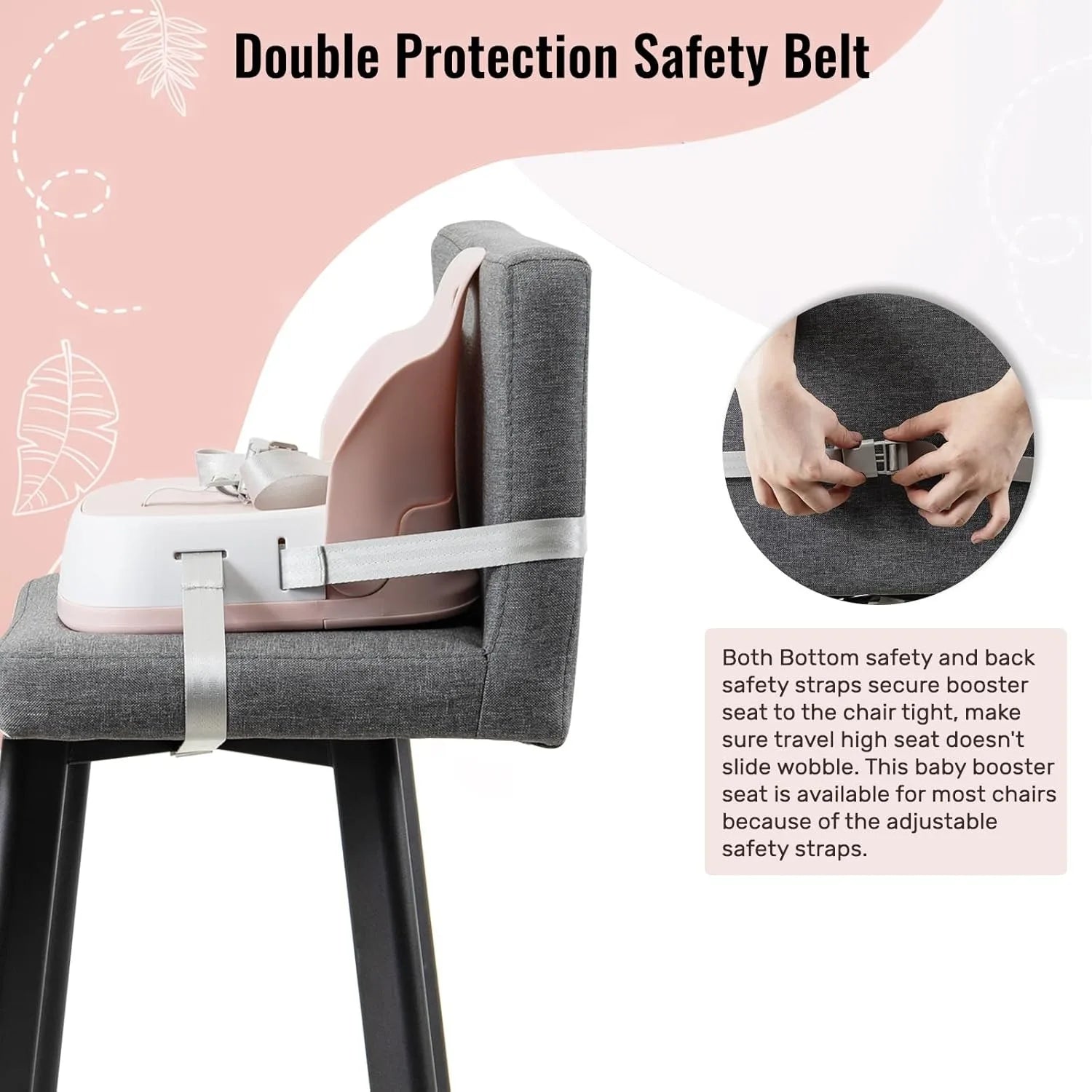 Portable booster seat for children to eat, travel high chair with 3-point harness and 2 adjustable straps, washable