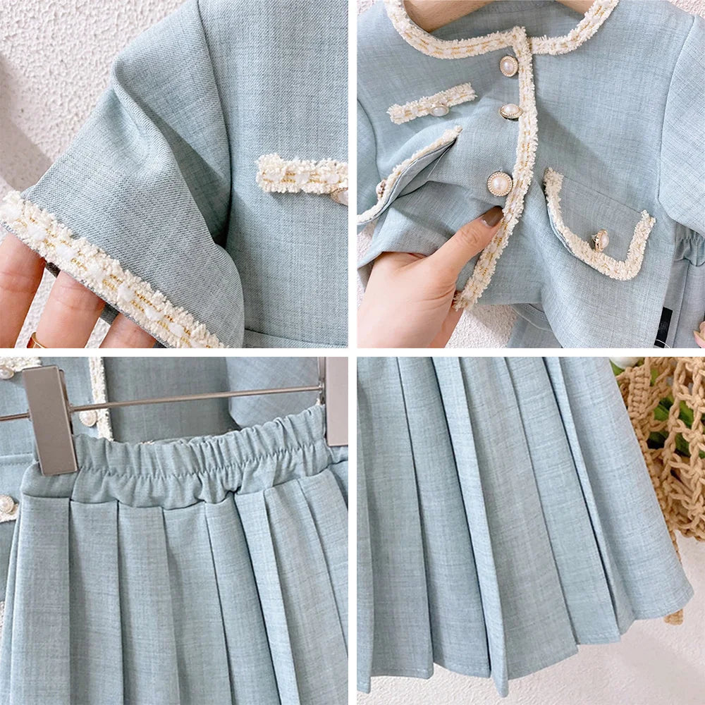 Bear Leader Korean Version of The Girl's Small Incense Wind Set 2023 Summer New Short-sleeved Top Pleated Skirt Two-piece Set