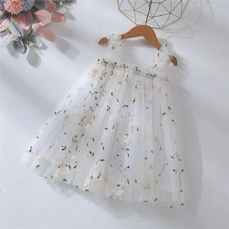 Baby Girl Princess 3D Flower Embroidery Strap Dress Sleeveless Infant Toddler Child Vestido Party Birthday Baby Clothes 1-7Y