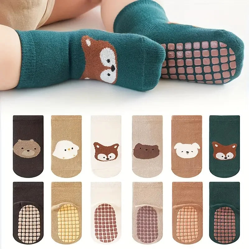 6 pairs of children's anti-slip floor socks, featuring cute cartoon animal patterns such as fox and bear, are suitable for boys