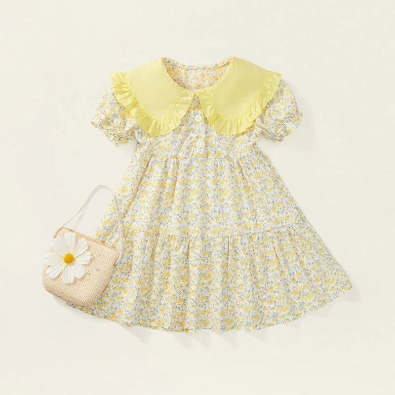 Baby Girls Dress Kids Summer Cute Flowers Dress+Inclined Shoulder Bag 1-8 Years Old Children Fashion Doll Collar Princess Dress
