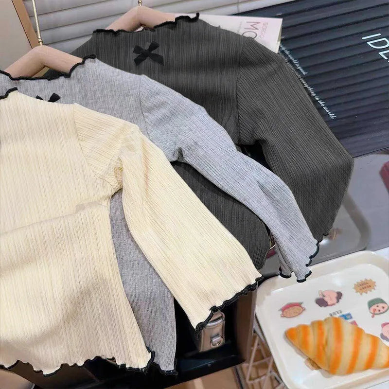 1 - 7Y Kids Girls Long Sleeve T-shirts Sweater with Ruffles and Bowknot Skin Friendly for Spring Autumn Baby Tops Undershirt