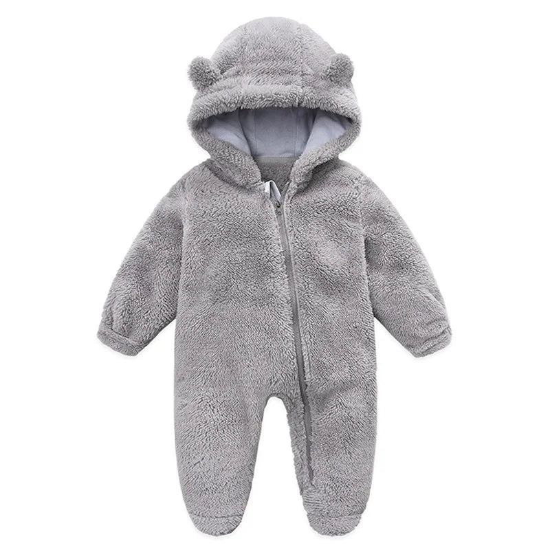 Baby Plush Rompers Autumn Newborn Boys Girls Long Sleeve Hooded Zipper Closure Jumpsuits Winter Warm Toddler Infant Outfits
