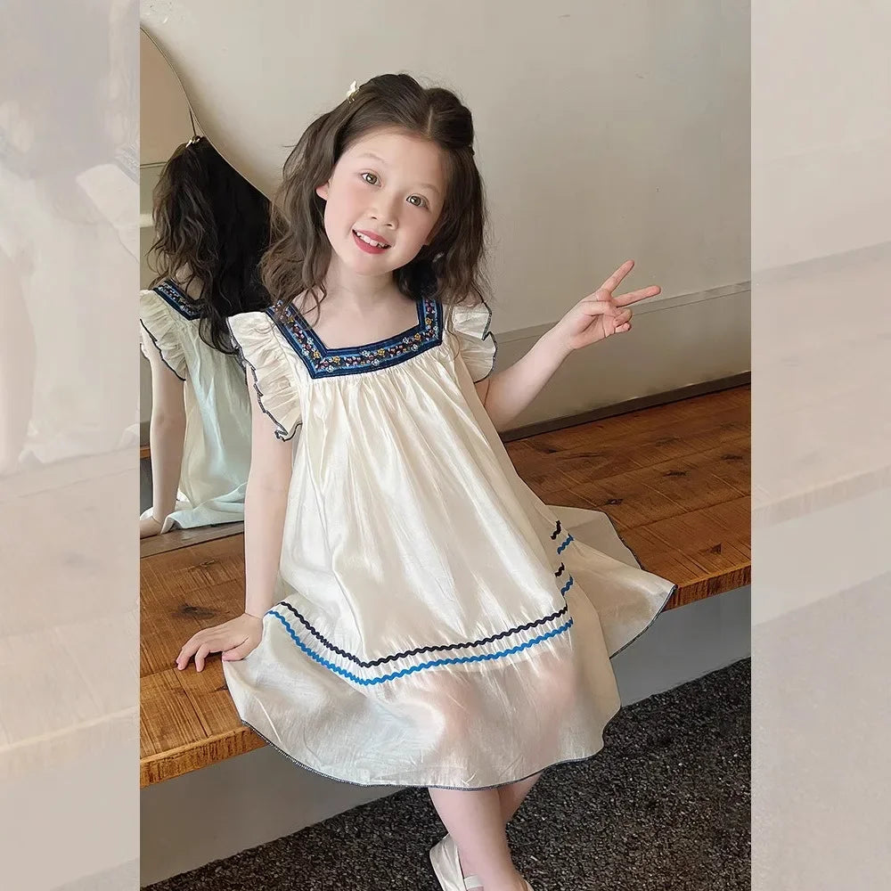 Casual Vacation Fashion Kids Clothes Summer New Ethnic Style Square Collar Flying Sleeve Baby Girls Dress