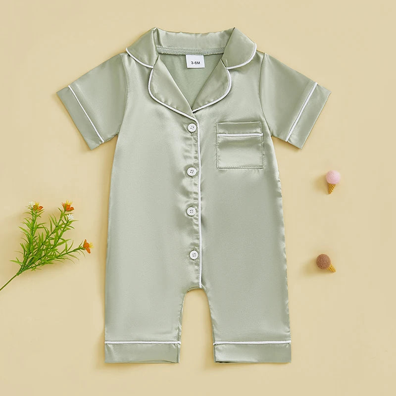 Baby Girls Boys Satin Pajamas Rompers Solid Color Turn Down Collar Short Sleeve Summer Bodysuits Jumpsuits Sleepwear