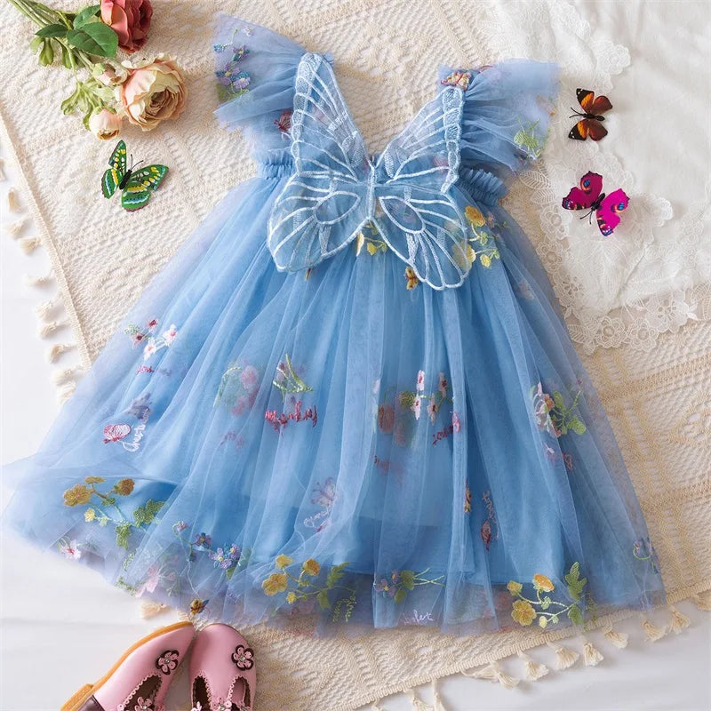 6M-5Y Summer Toddler Kid Baby Girls Tulle Dress Sweet Embroidery Flower Princess Dress for Girls Party Beach Holiday Clothing