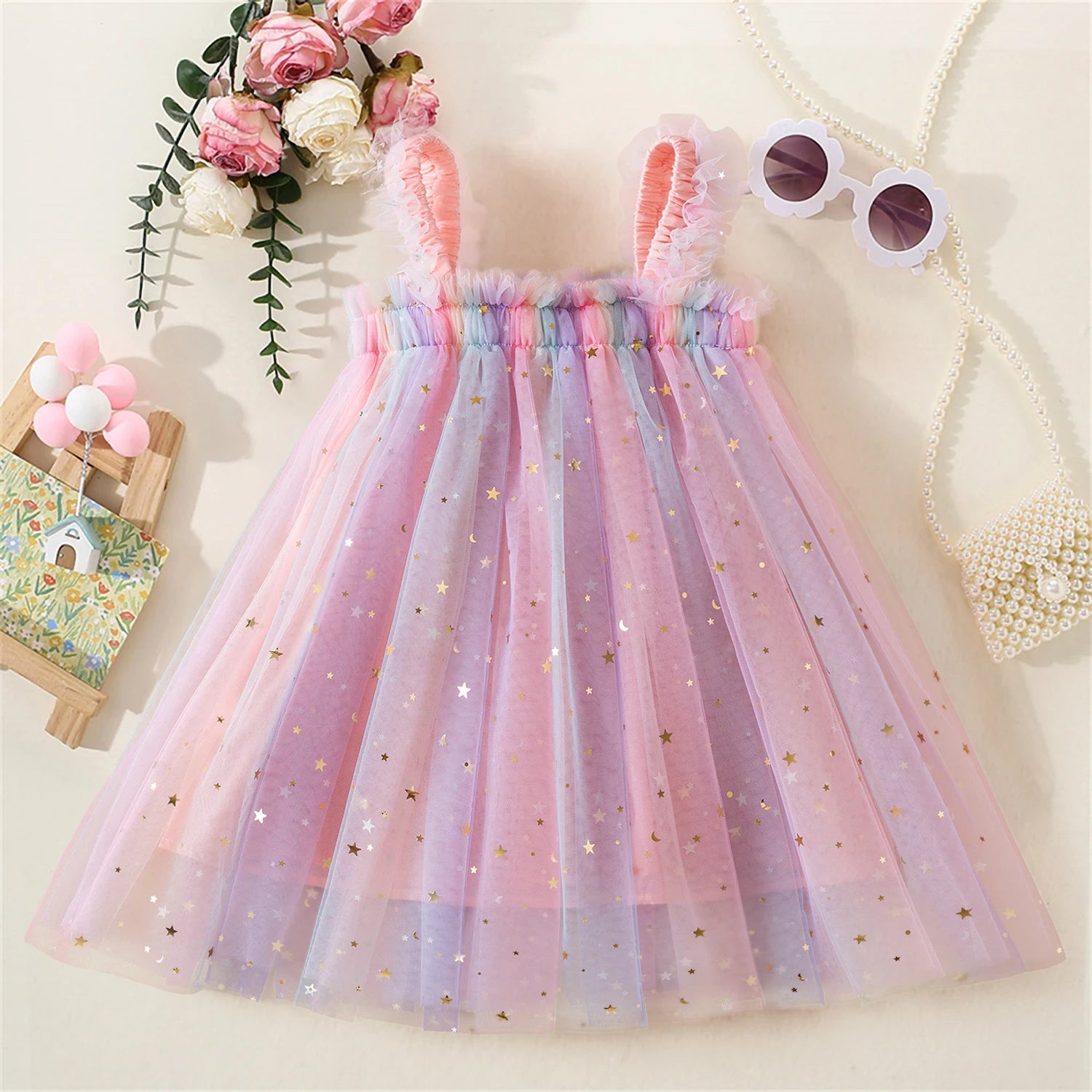 6M-5Y Summer Toddler Kid Baby Girls Tulle Dress Sweet Embroidery Flower Princess Dress for Girls Party Beach Holiday Clothing